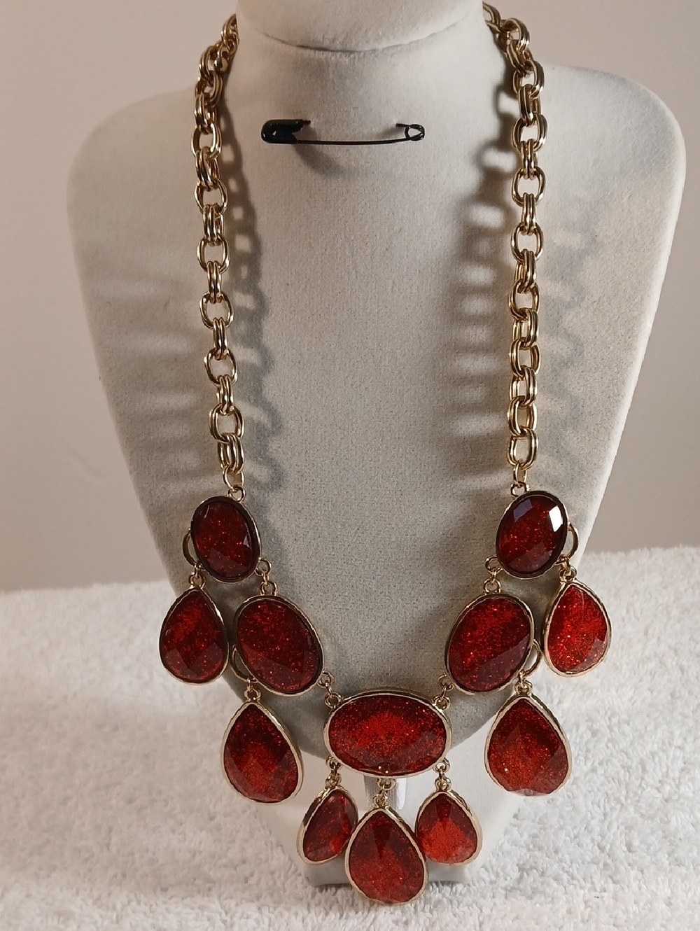 Gold-Tone Statement Necklace with Red Gem Drops